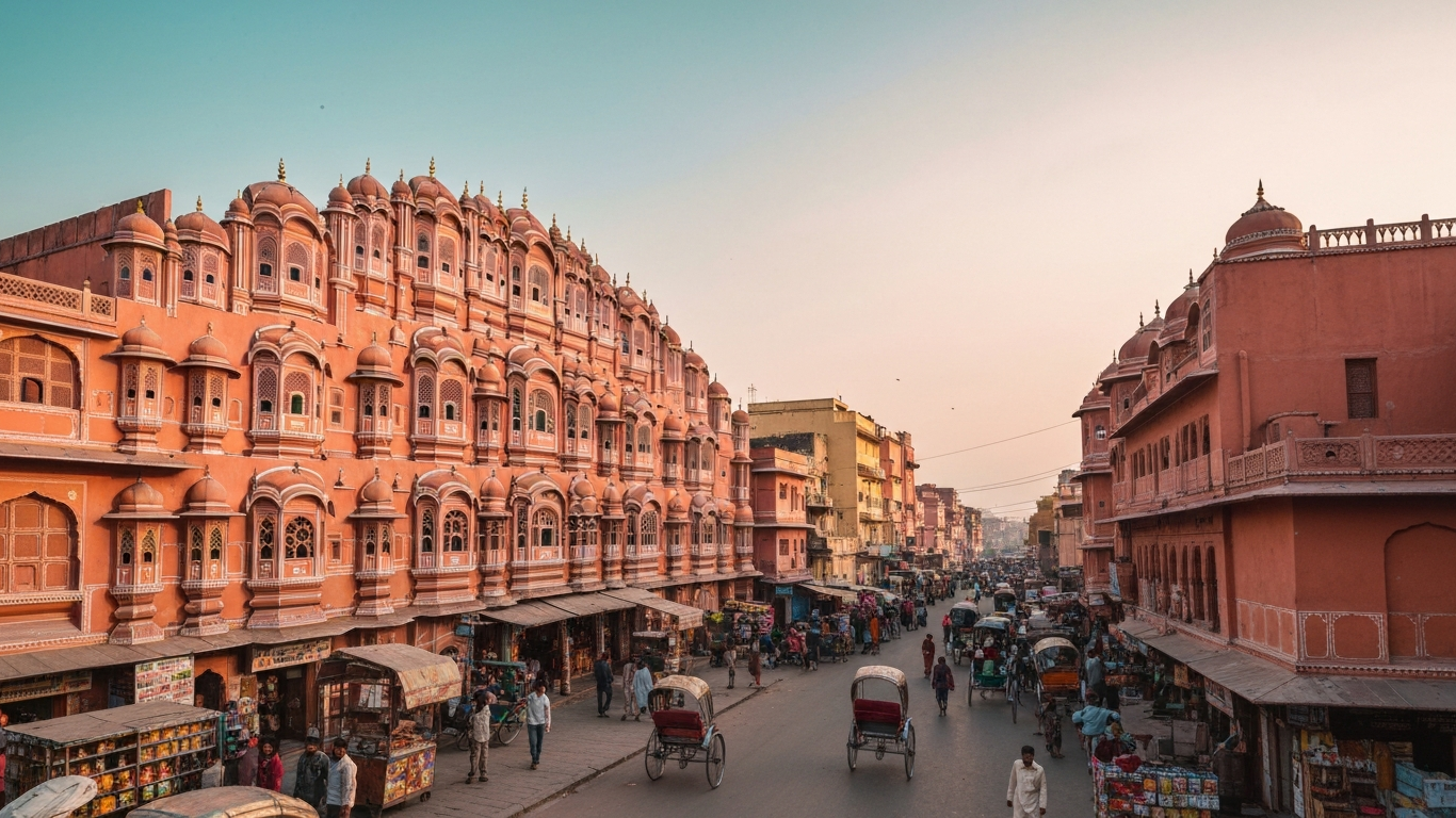 Iconic cityscape of Jaipur, India, editorial golden hour