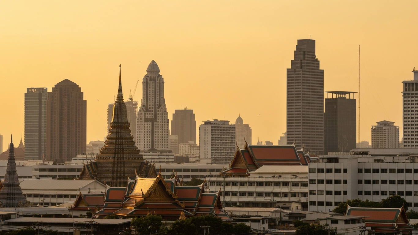 Iconic cityscape of Bangkok, Thailand, editorial golden hour