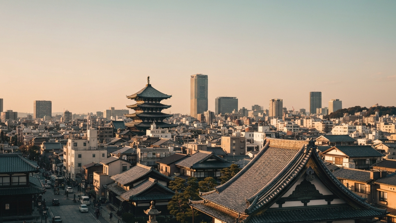Iconic cityscape of Kyoto, Japan, editorial golden hour