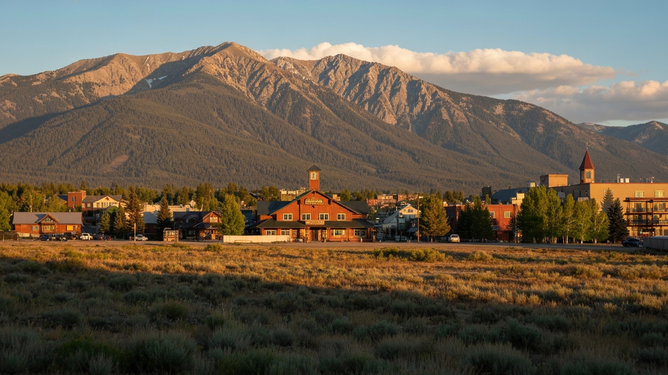 Iconic cityscape of Big Sky, United States, editorial golden hour