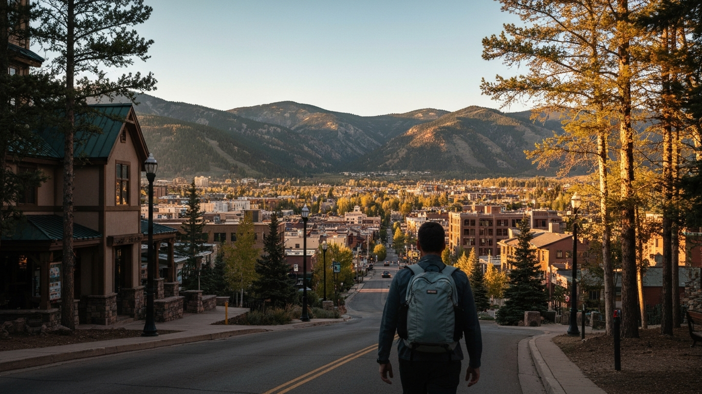 Iconic cityscape of Vail, United States, editorial golden hour