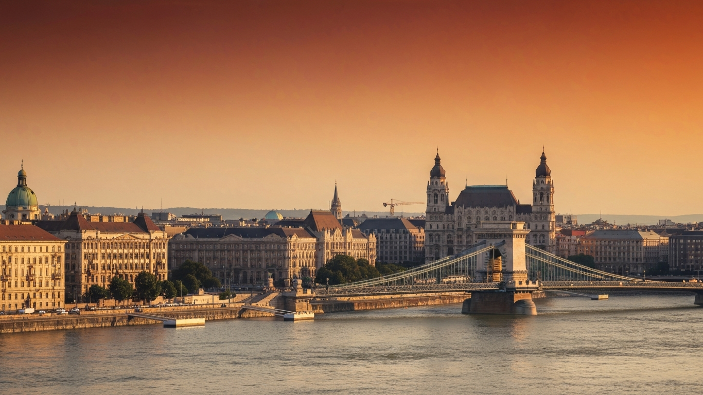 Iconic cityscape of Budapest, Hungary, editorial golden hour