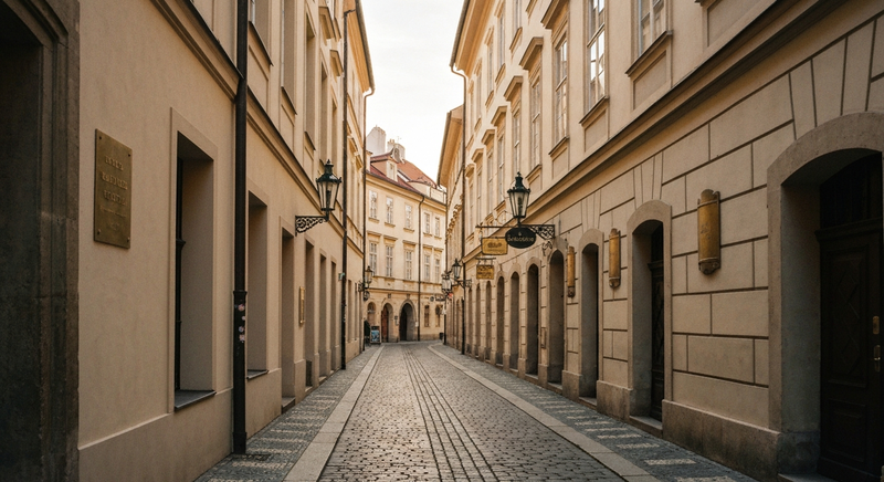 Symmetric, golden hour, minimal architectural photograph of a narrow cobbled street with pale sandstone façades and brass signage, 35mm film look, no people facing camera. Prague, Czech Republic.
