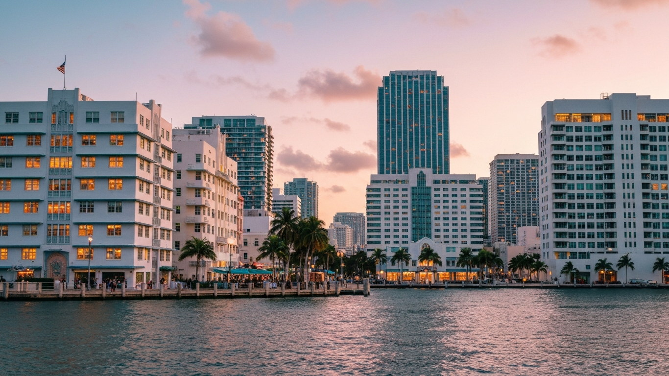 Iconic cityscape of Miami, United States, editorial golden hour