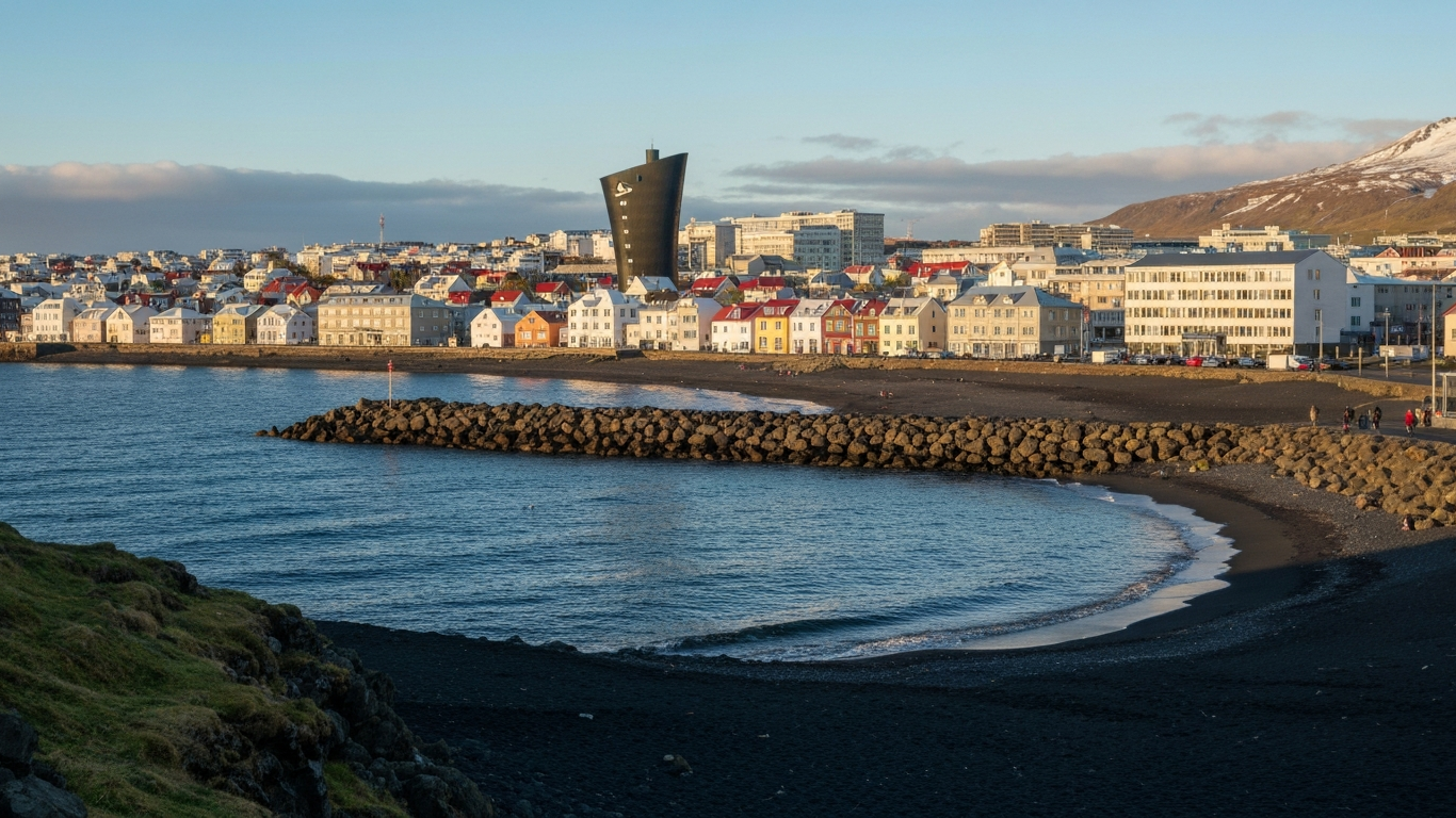 Iconic cityscape of Reykjavík, Iceland, editorial golden hour