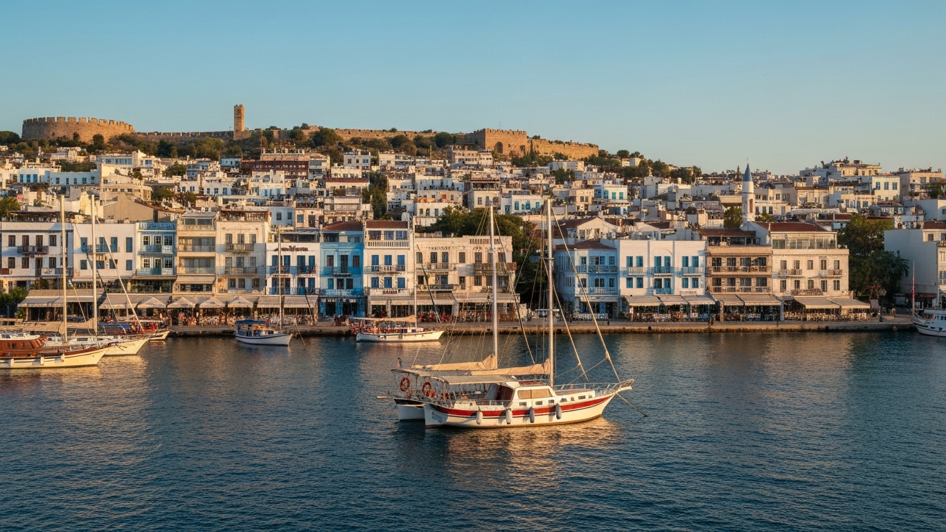 Iconic cityscape of Bodrum, Turkey, editorial golden hour