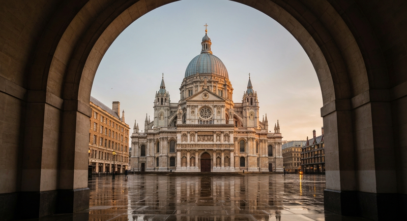 Symmetric view of St. Paul's Cathedral, London, United Kingdom at golden hour; minimal architectural framing; warm light on Portland stone dome and classical lines; 35mm film grain, shallow contrast, 