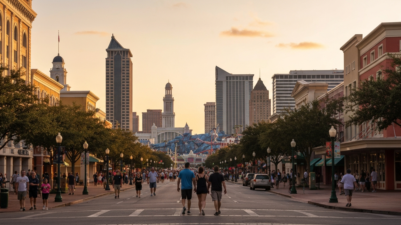 Iconic cityscape of Orlando, United States, editorial golden hour