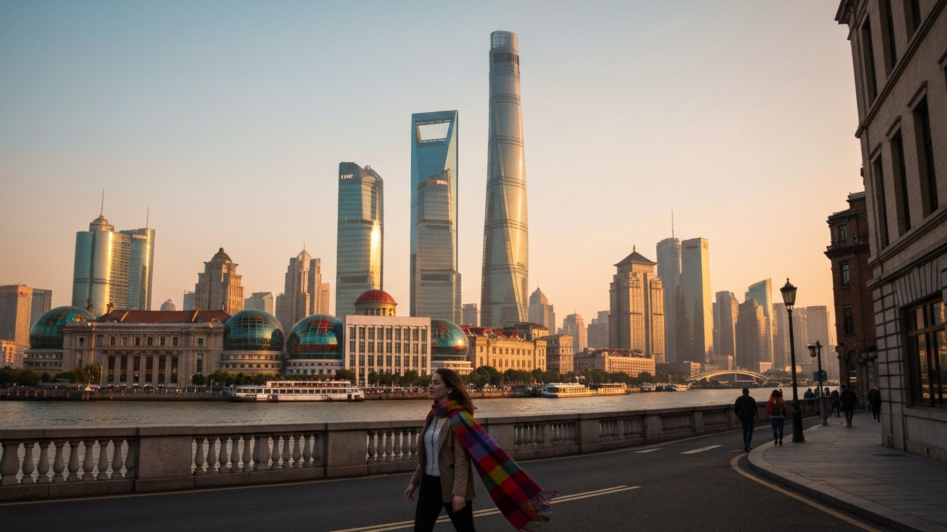 Iconic cityscape of Shanghai, China, editorial golden hour