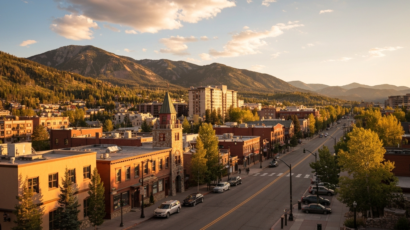 Iconic cityscape of Aspen, United States, editorial golden hour