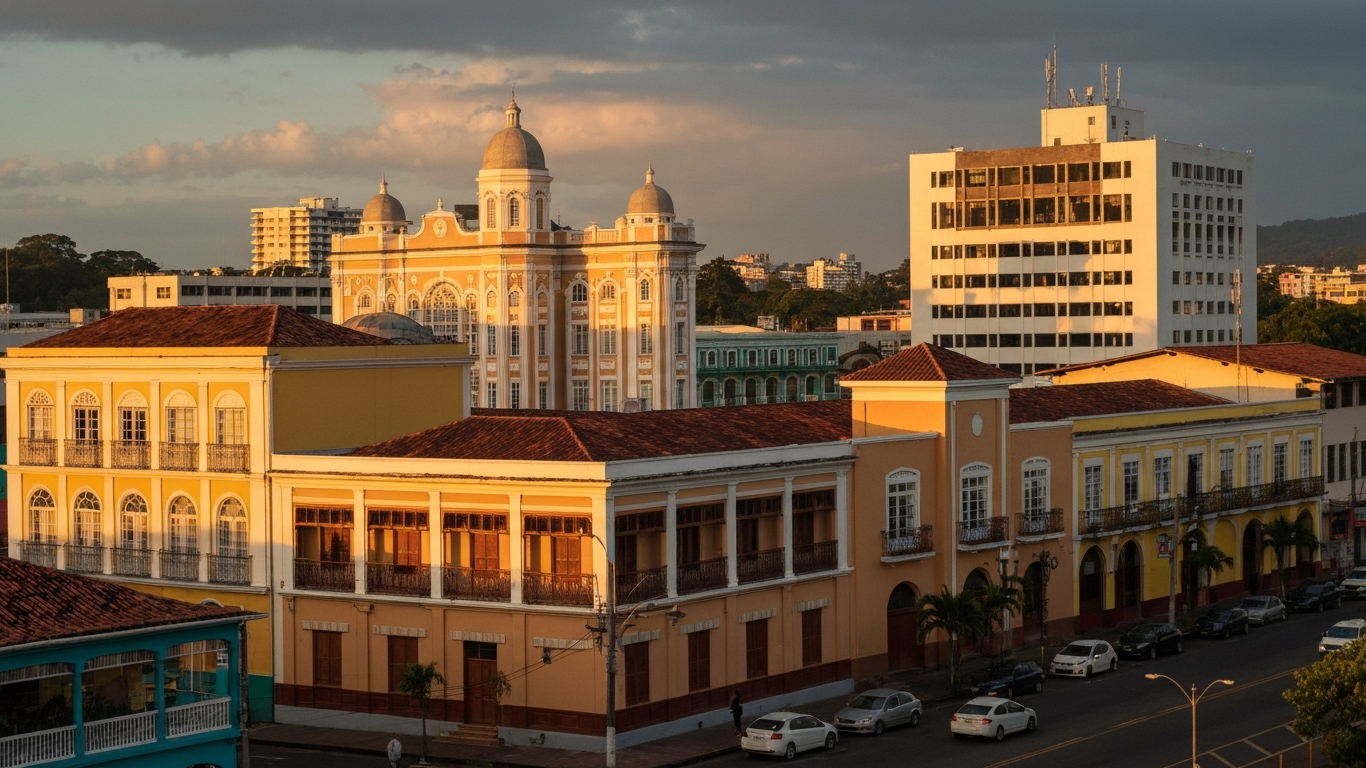 Iconic cityscape of Limón, Costa Rica, editorial golden hour