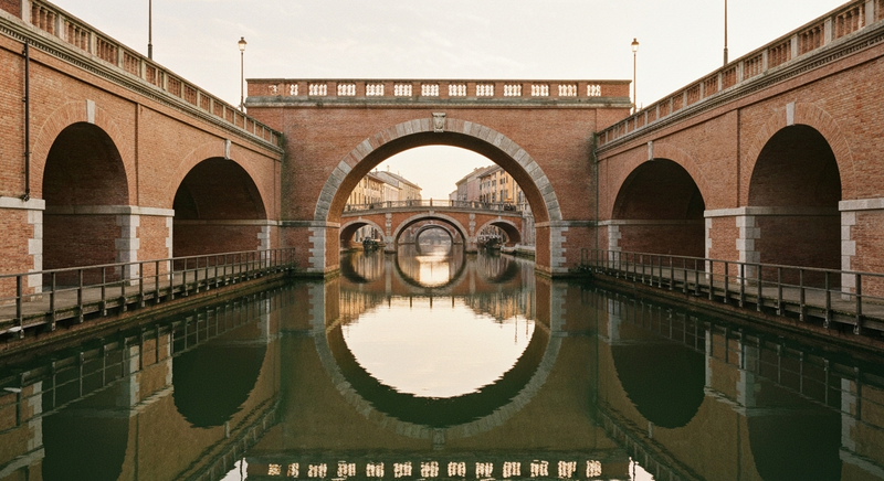 Naviglio Grande at golden hour, Milan, Italy — symmetric minimal composition of canal and bridge reflections, 35mm film look, soft warm golden light, architectural focus on brick arches and oak-lined 