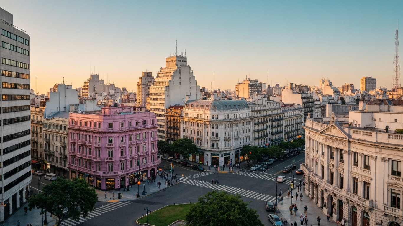 Iconic cityscape of Buenos Aires, Argentina, editorial golden hour