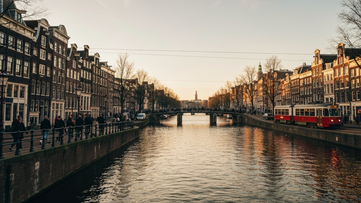 Iconic cityscape of Amsterdam, Netherlands, editorial golden hour