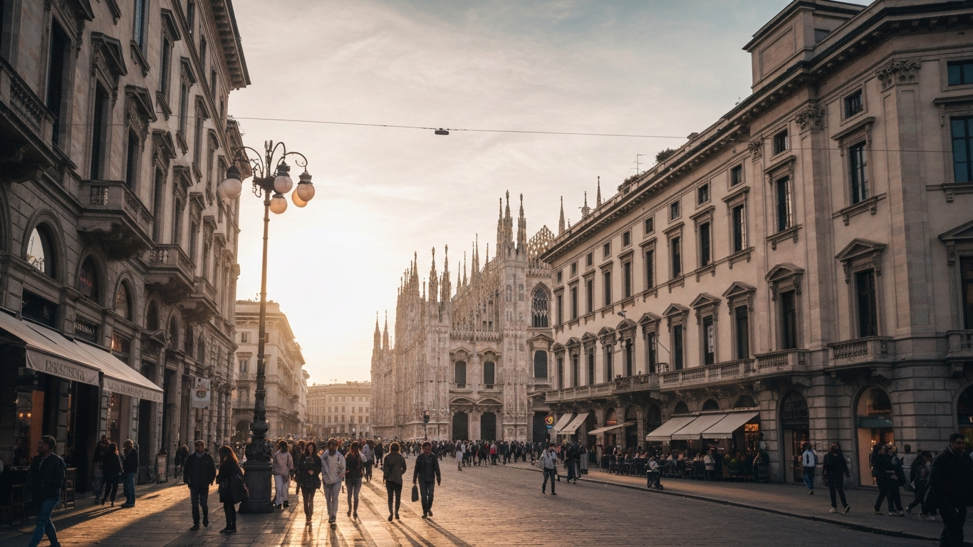 Iconic cityscape of Milan, Italy, editorial golden hour