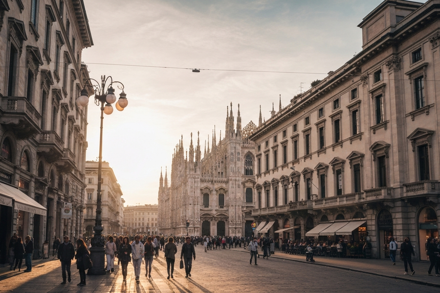 Iconic cityscape of Milan, Italy, editorial golden hour