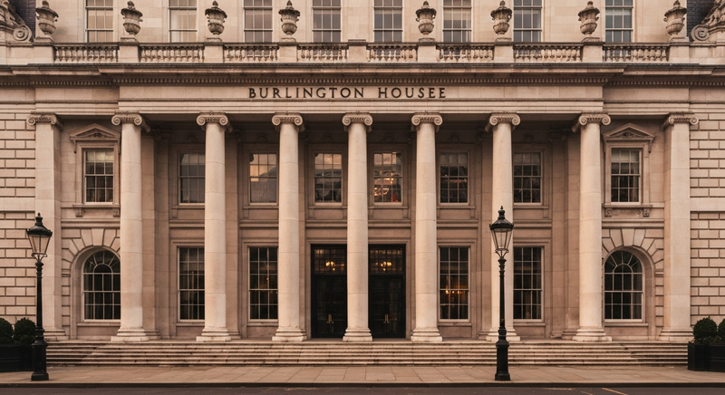Symmetric facade of Burlington House (Royal Academy), London, United Kingdom at golden hour; minimal, architectural composition; warm low-angle light on Portland stone; subtle film grain and 35mm film