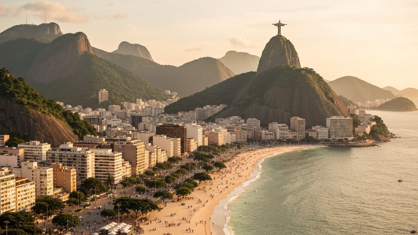 Iconic cityscape of Rio de Janeiro, Brazil, editorial golden hour