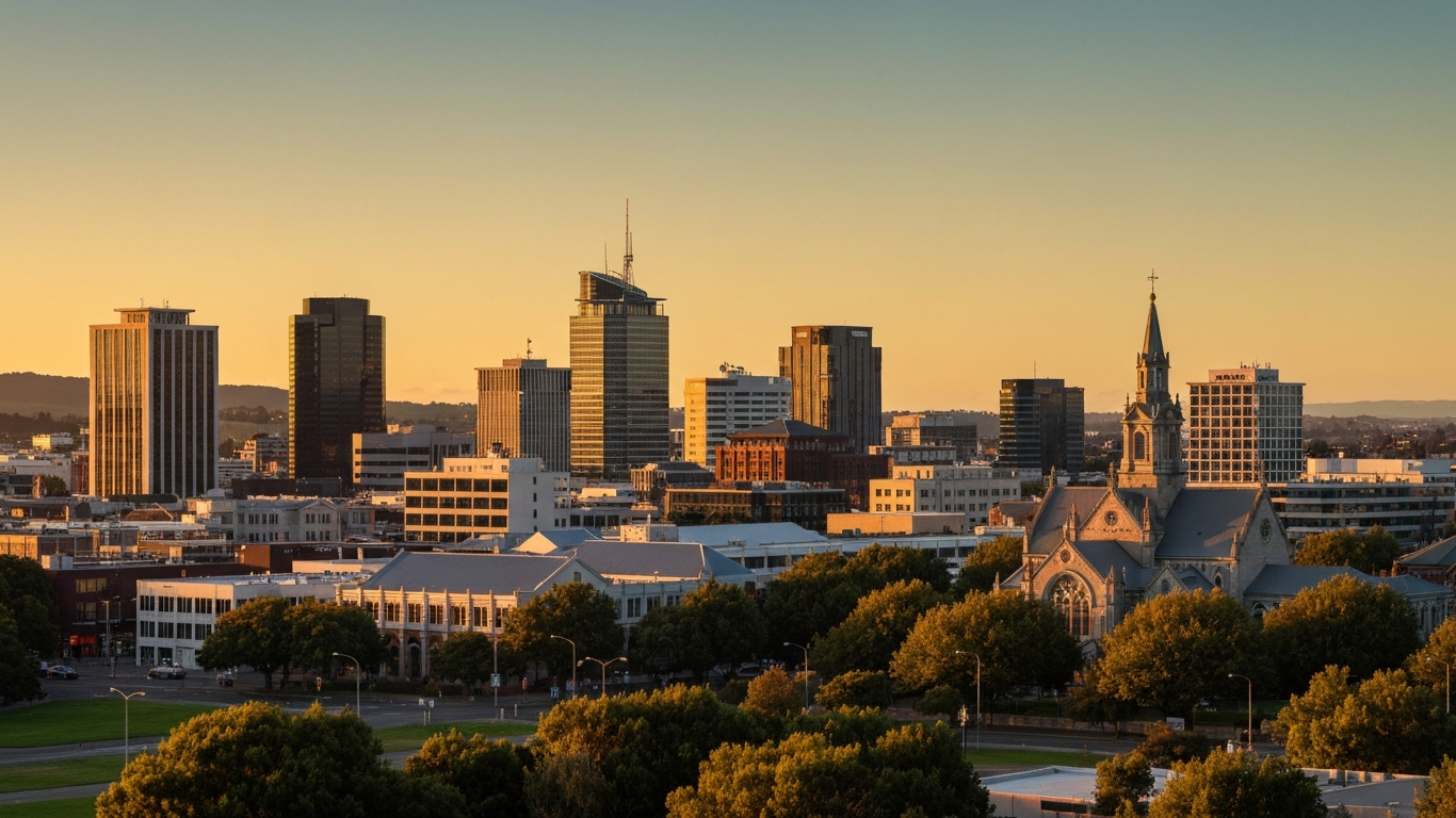 Iconic cityscape of Christchurch, New Zealand, editorial golden hour