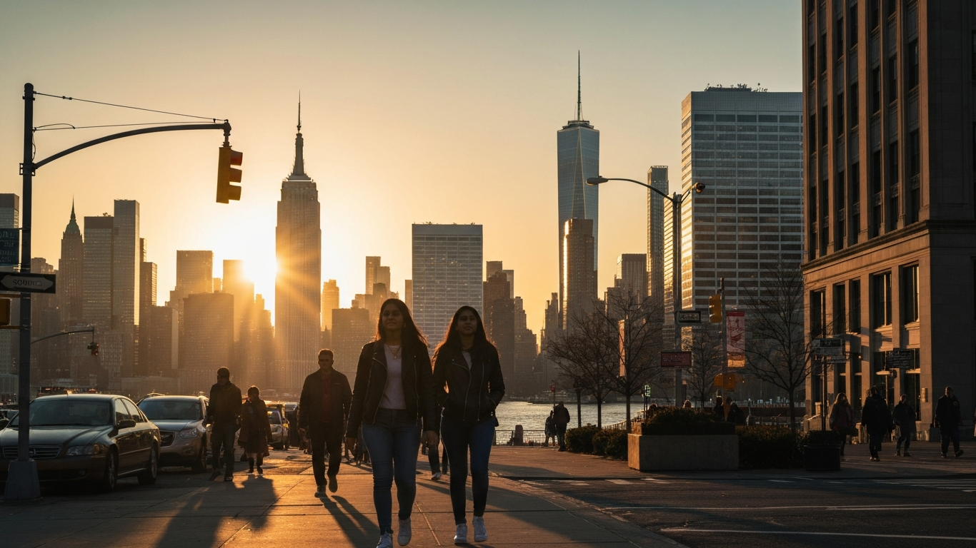 Iconic cityscape of New York City, United States, editorial golden hour