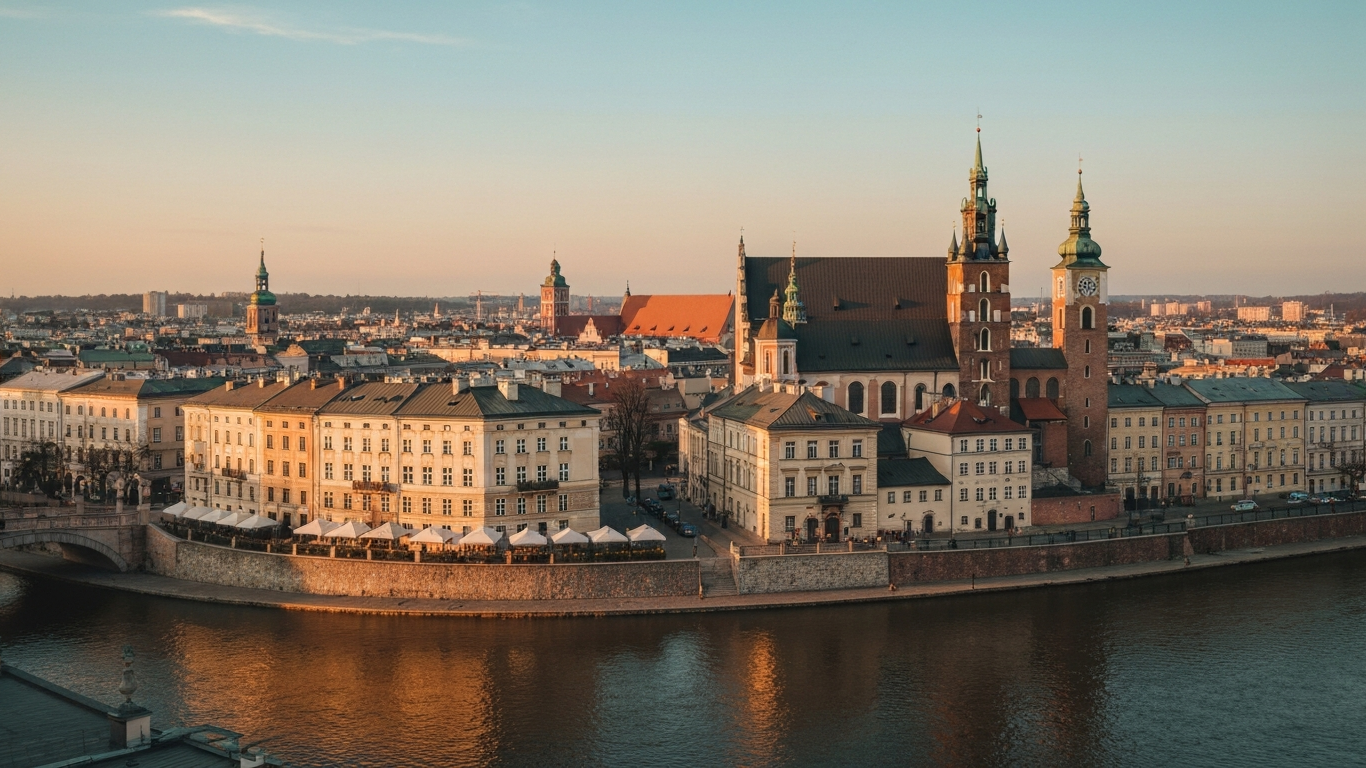 Iconic cityscape of Krakow, Poland, editorial golden hour