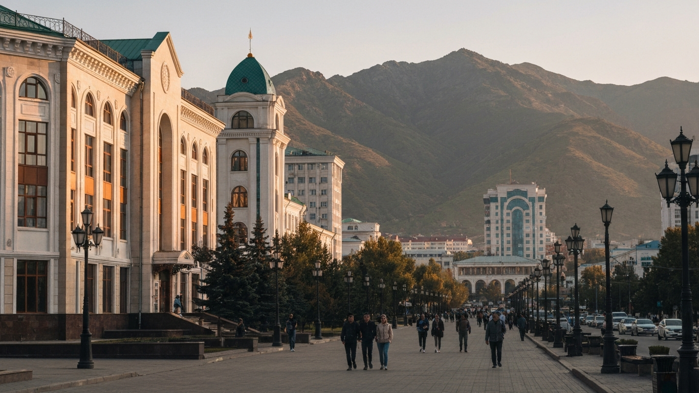 Iconic cityscape of Almaty, Kazakhstan, editorial golden hour
