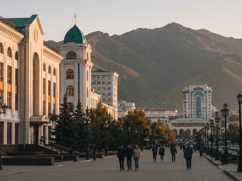 Iconic cityscape of Almaty, Kazakhstan, editorial golden hour