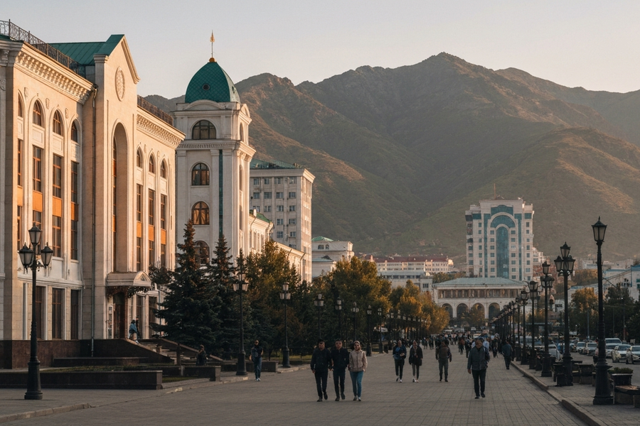 Iconic cityscape of Almaty, Kazakhstan, editorial golden hour
