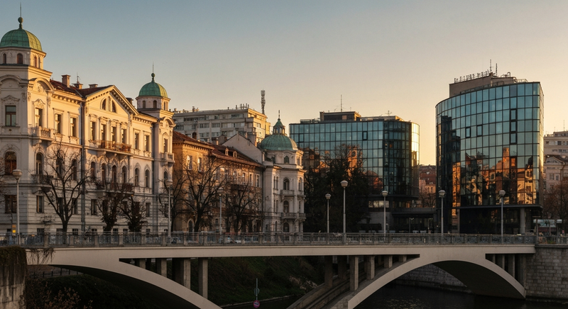 Luxury editorial travel scene for 36h in Sofia, Bulgaria, architectural composition, golden hour light, 35mm film style, no people facing camera, section: Day 1: Stone and Woollen Light, details: Day 
