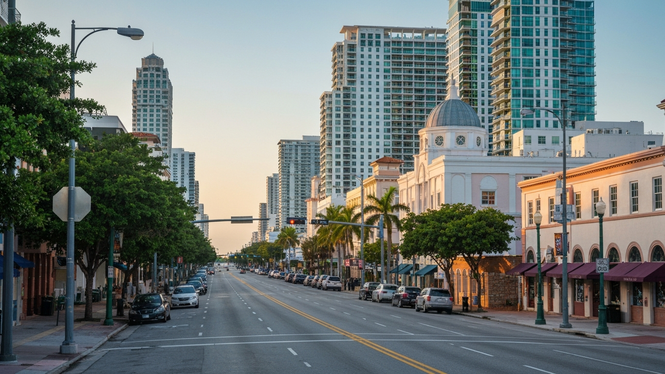 Iconic cityscape of Fort Lauderdale, United States, editorial golden hour