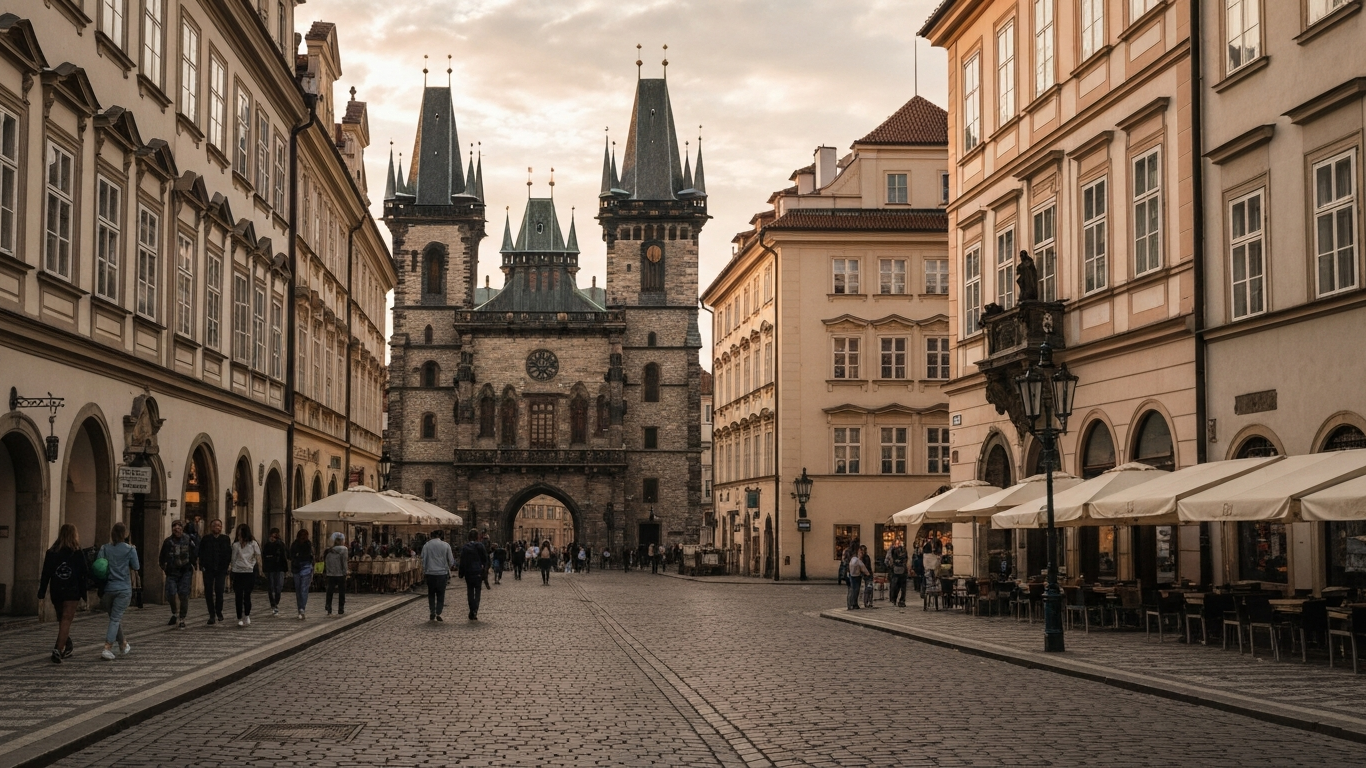 Iconic cityscape of Prague, Czech Republic, editorial golden hour