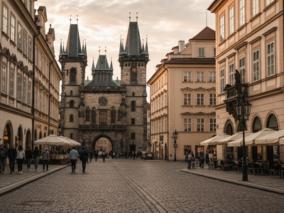 Iconic cityscape of Prague, Czech Republic, editorial golden hour