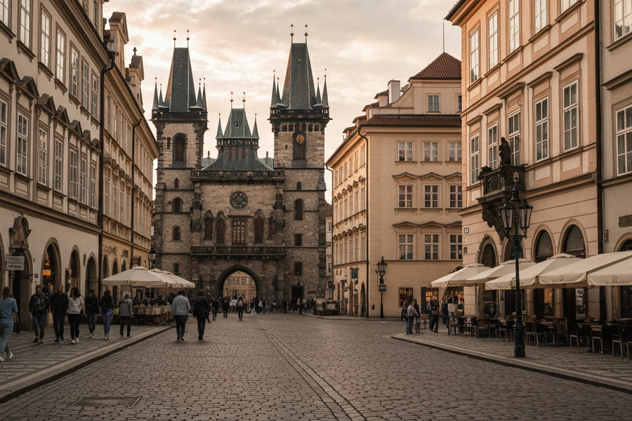 Iconic cityscape of Prague, Czech Republic, editorial golden hour