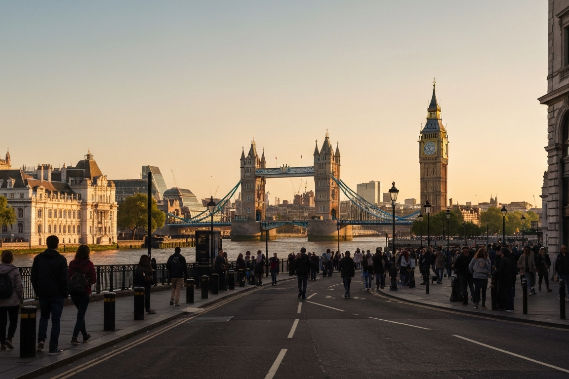 Iconic cityscape of London, United Kingdom, editorial golden hour