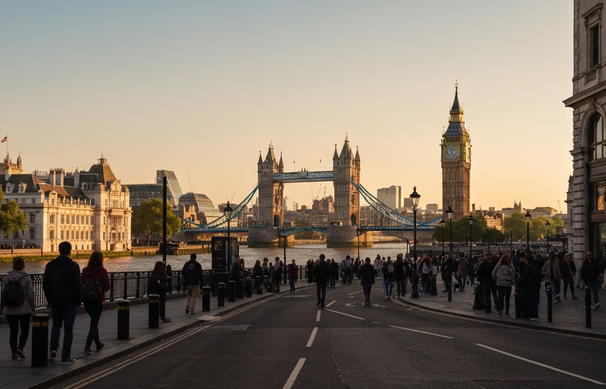 Iconic cityscape of London, United Kingdom, editorial golden hour