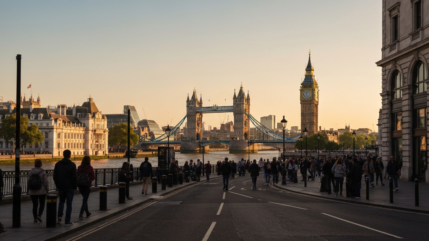 Iconic cityscape of London, United Kingdom, editorial golden hour