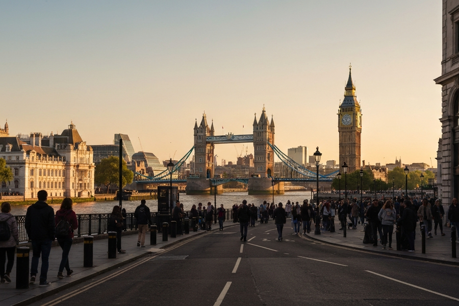 Iconic cityscape of London, United Kingdom, editorial golden hour