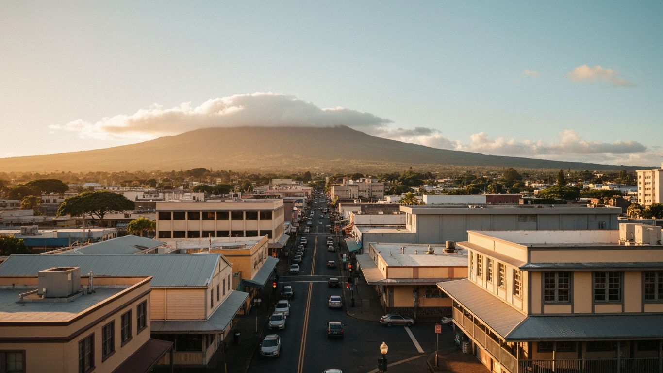 Iconic cityscape of Hilo, United States, editorial golden hour