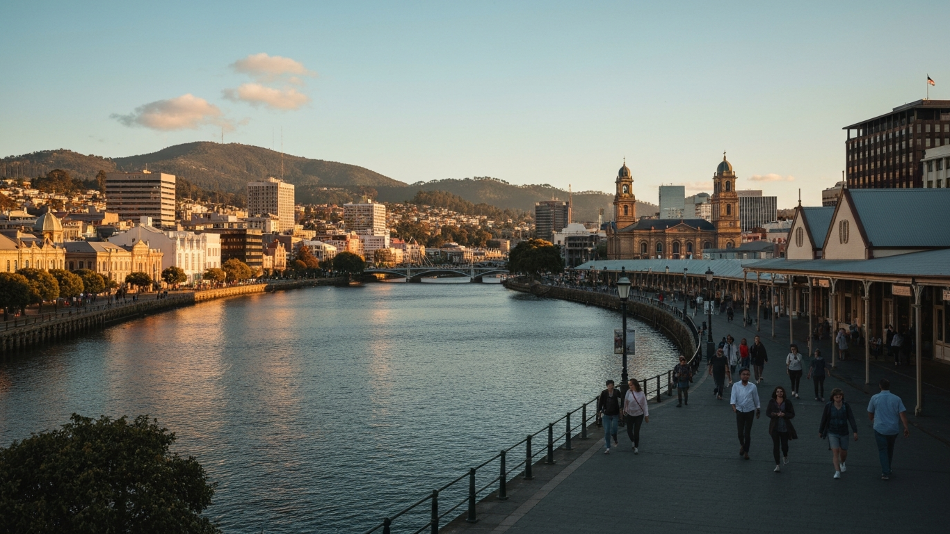 Iconic cityscape of Hobart, Australia, editorial golden hour