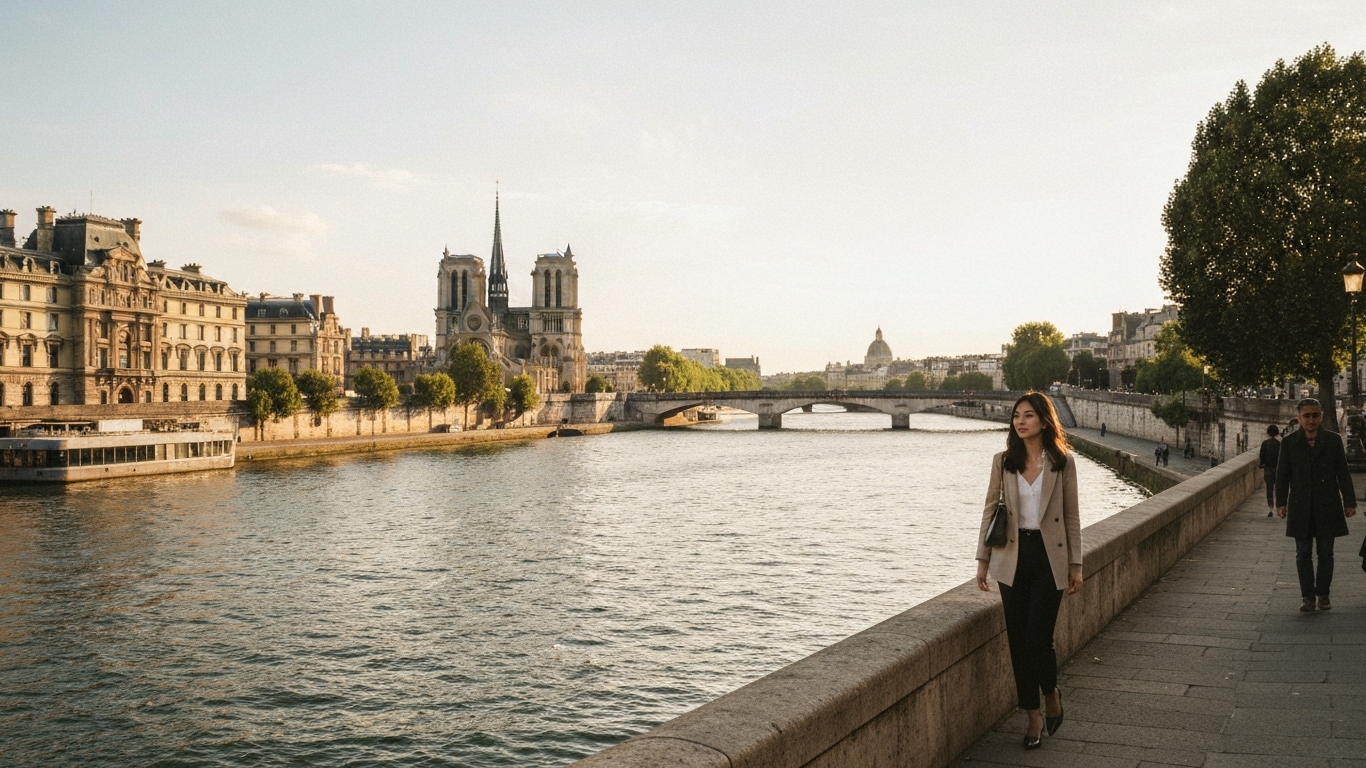 Iconic cityscape of Paris, France, editorial golden hour