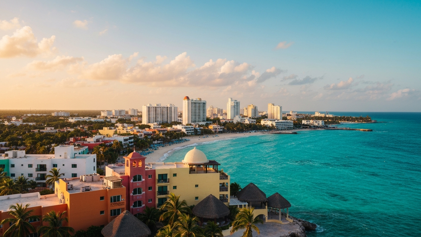 Iconic cityscape of Cancún, Mexico, editorial golden hour