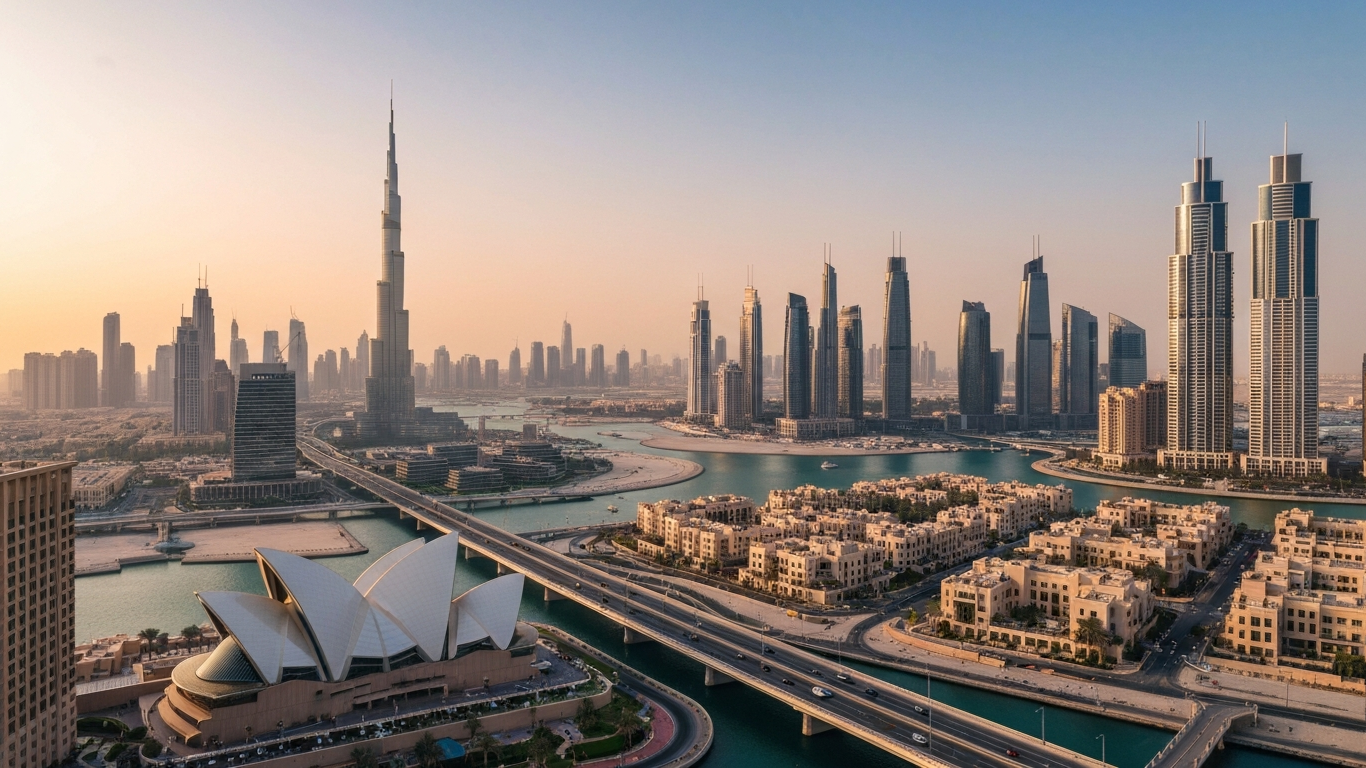 Iconic cityscape of Dubai, United Arab Emirates, editorial golden hour