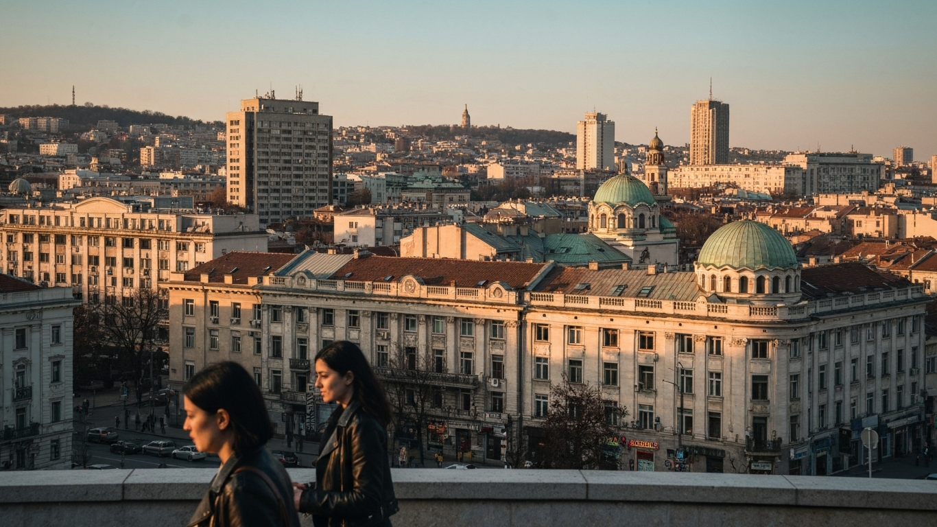 Iconic cityscape of Sofia, Bulgaria, editorial golden hour