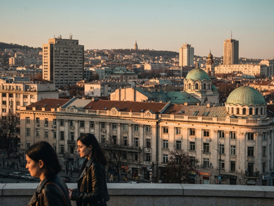 Iconic cityscape of Sofia, Bulgaria, editorial golden hour
