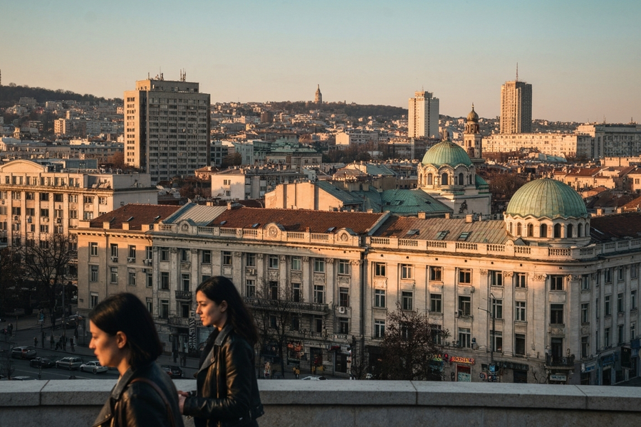 Iconic cityscape of Sofia, Bulgaria, editorial golden hour