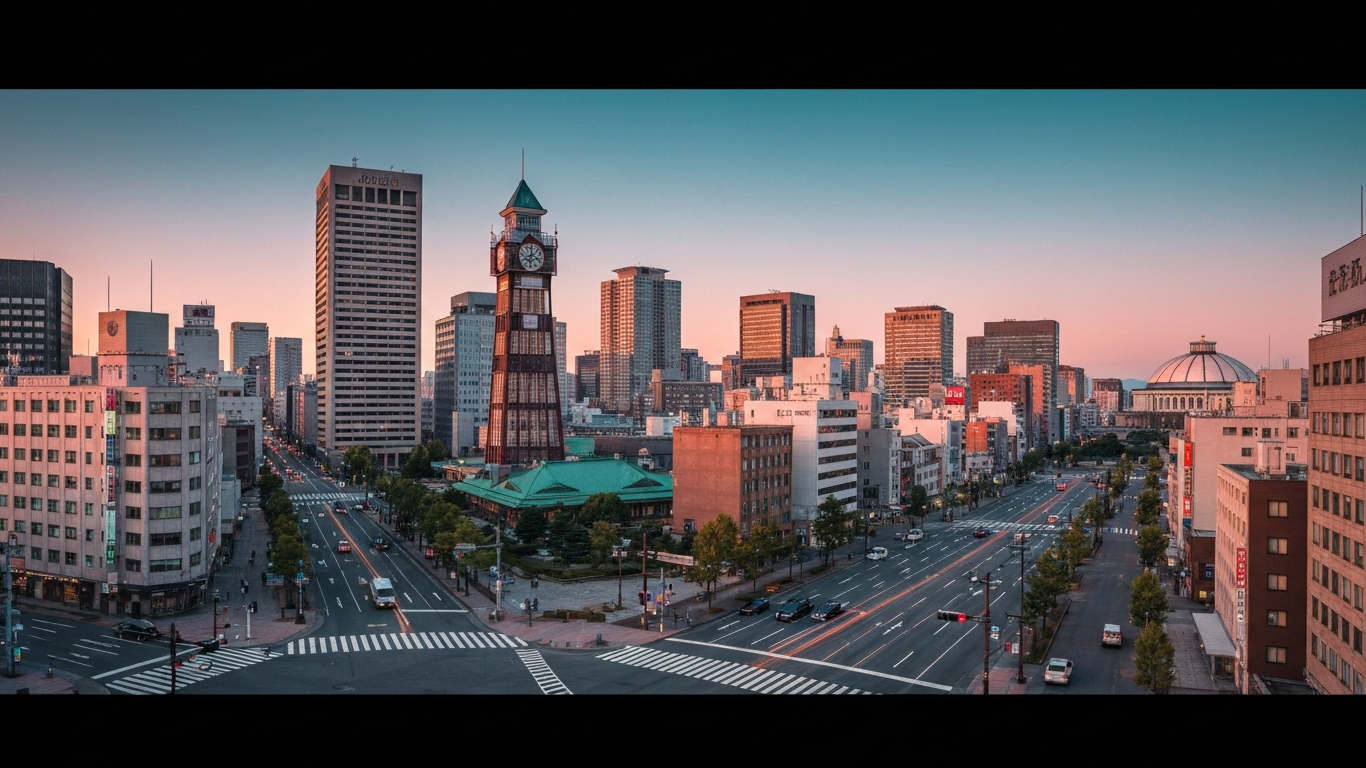 Iconic cityscape of Sapporo, Japan, editorial golden hour